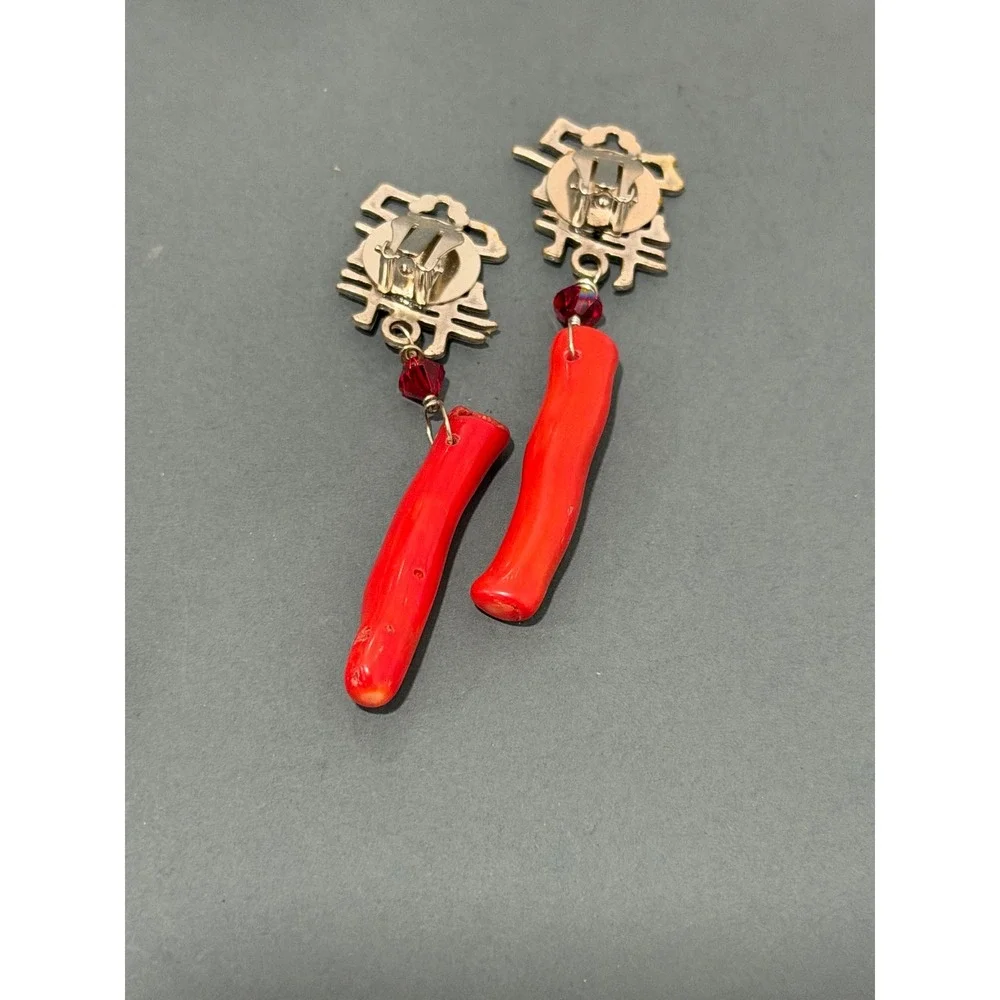 Double Happiness Earrings  Silver Tone Red Imitation Coral Clip On Dangle Drop